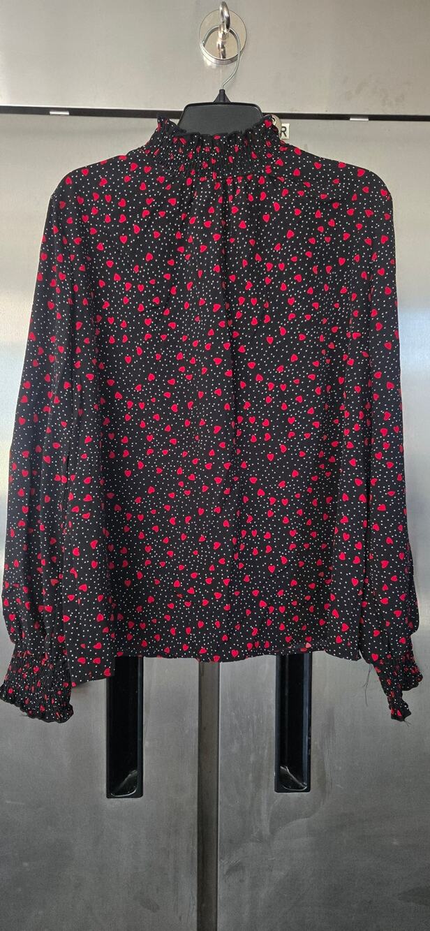 SHEIN Women's Black Red Heart Print Smocked Blouse Size XL